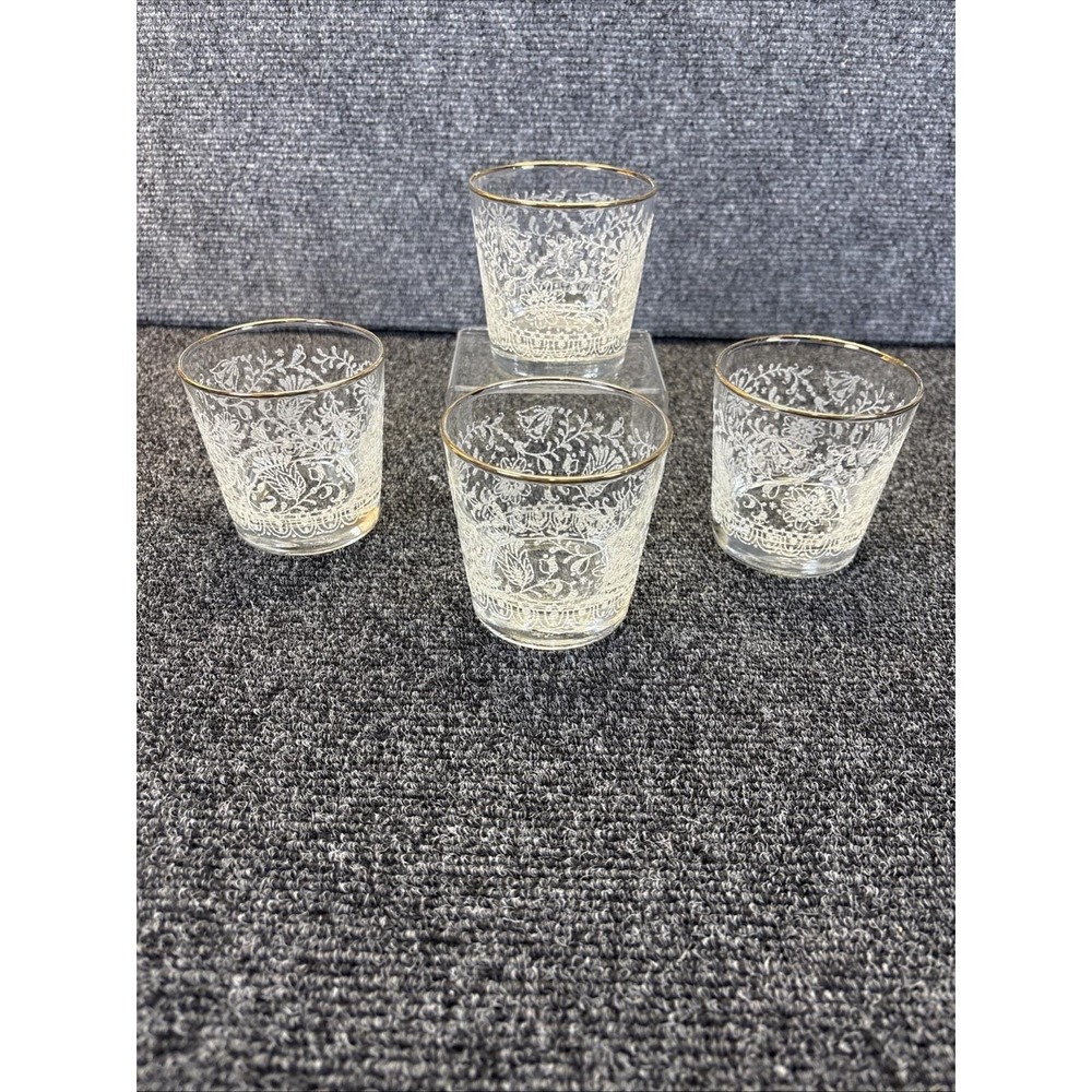 4~Vtg~1970s~Libbey "Lace" Lowball Cocktail Glasses~Gold Rimmed